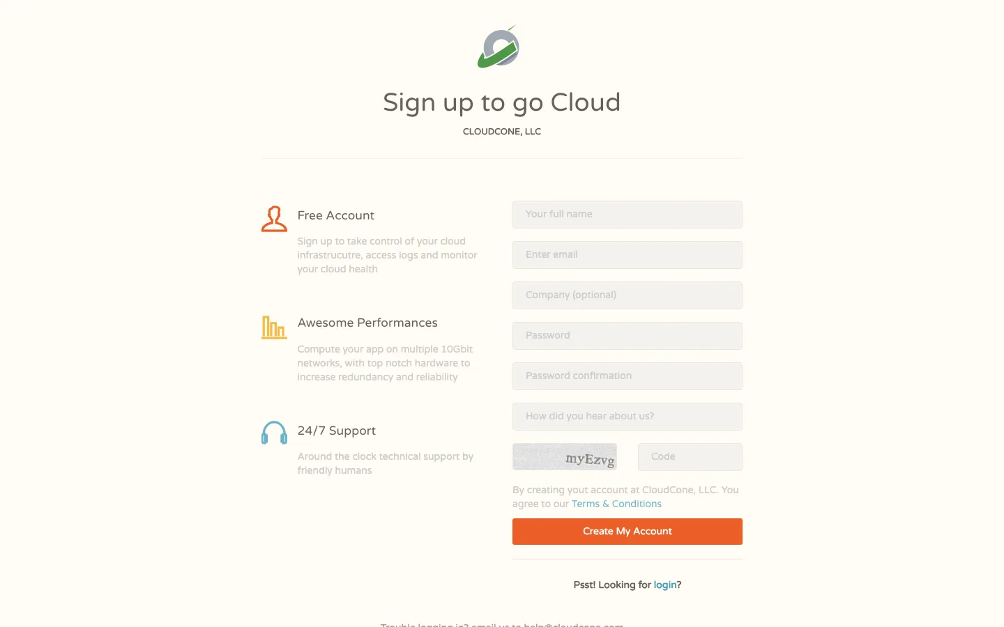 CloudCone 注册页面:填写姓名、邮箱、密码后点击 Create My Account
